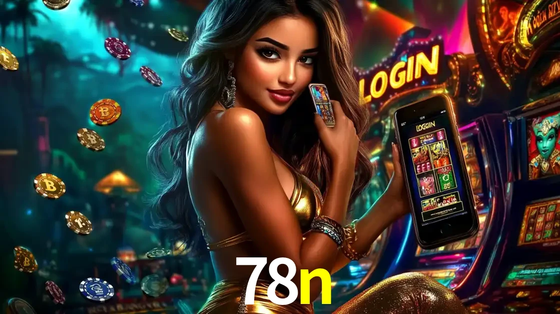 Mulher em um cenário de cassino temático de aventura, mostrando o app de caça-níqueis da 78n no celular. Fichas de apostas flutuam ao redor.